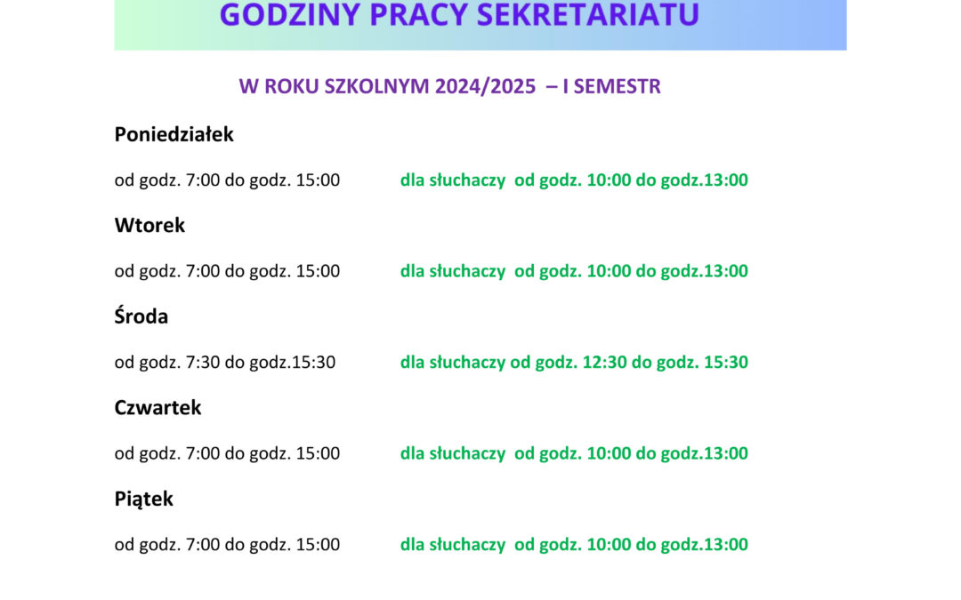 Godziny pracy sekretariatu.